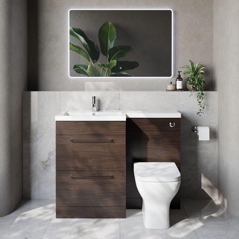 Napoli 460 Brown Oak 1100mm 2 Drawer Vanity Unit Toilet Suite with Left Hand Square Lucia Basin - 1100mm - Chrome 320mm HandleWith Kingston Toilet Pan and Seat