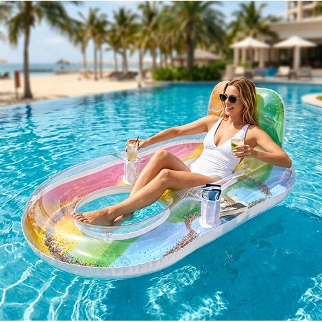 Bouée Piscine Adulte Arc-en-Ciel avec Dossier, Fauteuil Gonflable Piscine 140×86cm, Matelas Gonflable Flottant avec 2 Porte-Gobelets & Filet Respirant, Valve Anti-Fuite,Piscine,Plage (1/5)