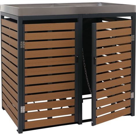 [NEUWERTIG] 2er Mülltonnenverkleidung HHG-787, Mülltonnenbox mit Pflanzkasten, 124x134x84cm WPC Edelstahl 79kg Teak-Optik
