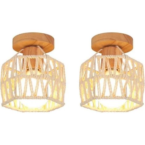 2pcs Rétro Plafonnier en Carré Lampe de Plafond Industriel Vintage en Rotin Blanc Lustre Abat-jour Cage pour Couloir Entrée (1/5)