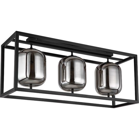 Plafonnier Lampe en verre 3 flammes Abat-jour en verre fumé Plafonnier rond noir Lampe de salon, métal verre, noir, 3x E14, LxH 77x32,5 cm (1/5)