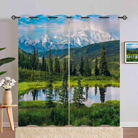 Rideau Occultant Nature Paysage Forêt Lac Rideau Thermique Isolant Draperies Intérieurs Tenture Opaque à Oeillets pour Maison Chambre Salon Fenetre 2 Pièces L 140 x H 240 cm - 140L X 240H cm (2 Pannea (1/5)