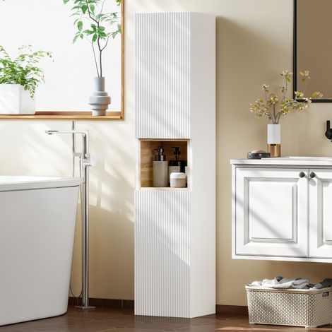 Armoire salle bain Bois Blanc 2 portes espace ouvert étagères réglables 30x24x140 cm