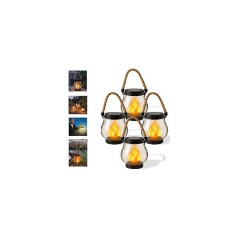 Set mit 4 wasserdichten Solarlaternen für den Außenbereich mit blinkenden Flammen und Hanfseil, ideal für Gärten und Höfe - Crezuo