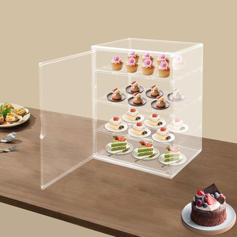 Gebäck-Vitrine Acryl-Vitrine für Bäckerei Brotkasten 4-Ebenen Verstellbar Transparent Brotbox Brotaufbewahrungsbox Acrylbox Tür mit Magnetschloss Brot Aufbewahrung Ausstellung Bread Box 29.5×25×39.5cm (1/5)