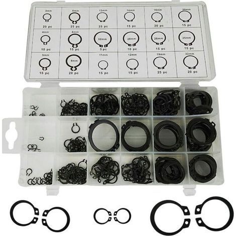 Coffret de 300 Circlips Extérieurs Snap Ring, 18 Tailles (3 mm à 22 mm), Kit d’Assortiment pour Réparation et Maintenance, Boîte Noire (1/5)