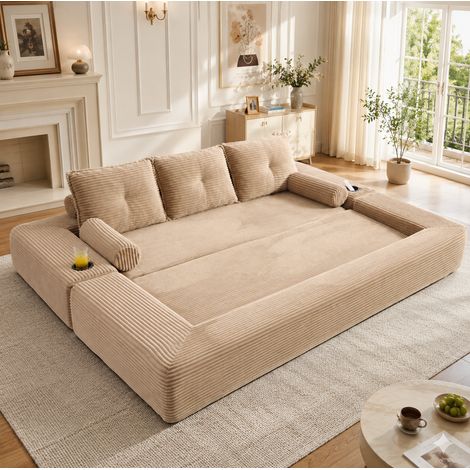 Divano letto 3 posti 232x98x80 cm in tessuto a coste beige, modulabile FloraGrace (1/5)