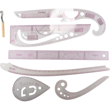 Kit de mesure de tailleur 7 pièces comprenant une règle transparente pour la couture, un mètre ruban, un gabarit pour les manches et les coudes, une règle de coupe et une roulette. (1/5)