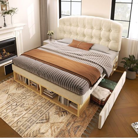 MEUBLIV Lit simple rembourré 90 x 200 cm en velours beige avec sommier tête de lit réglable en hauteur tiroirs et rangements pour chambre et jeunesse (1/5)
