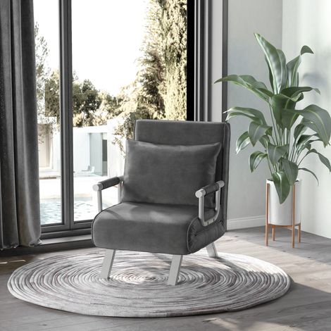 Fauteuil chauffeuse canapé-lit Convertible 1 Place déhoussable Grand Confort Coussin Pieds accoudoirs métal suède Gris - Modèle