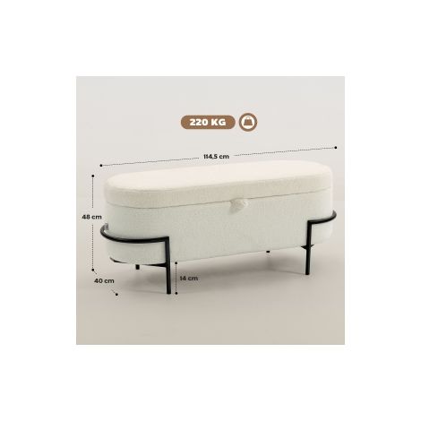 Repose-pieds de rangement, pouf assise avec couvercle et rangement, pieds en acier, pouf rembourré avec housse polaire, crème blanc (1/5)