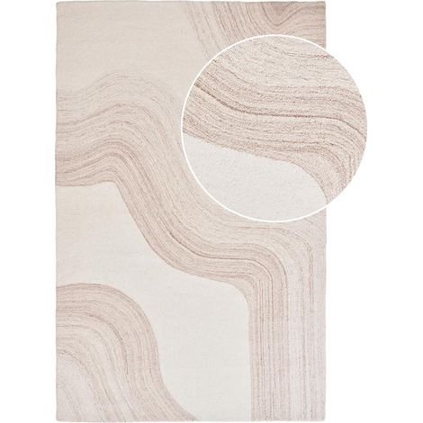 WELLIA - Tapis 160x230cm Tufté Main Marron Clair et Ivoire Motifs Vagues