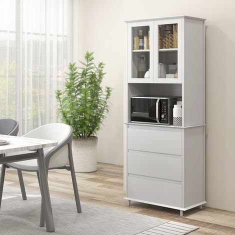 Aparador/mueble de almacenamiento de cocina con 2 puertas, 3 cajones y un nicho central, dimensiones 68 cm de largo x 38 cm de ancho x 172 cm de alto, MDF blanco.