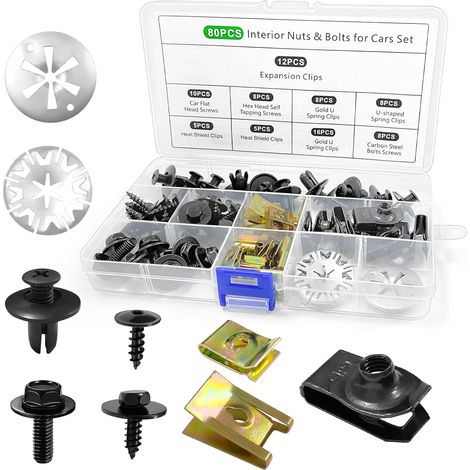 Kit de 80 vis et clips pour automobile, clips en U et vis de carrosserie, fixations à rivets en plastique (1/4)