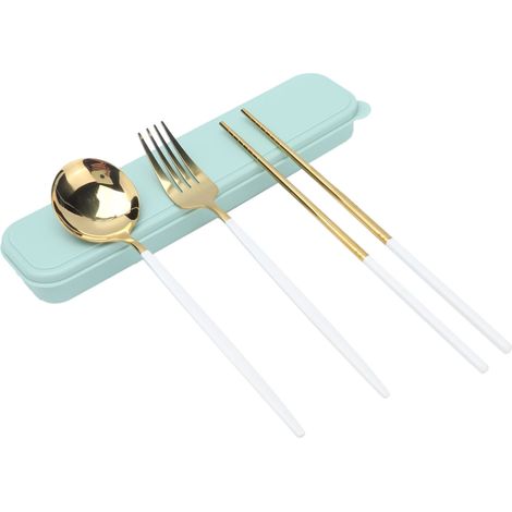 Ensemble de couverts portables en acier inoxydable, résistant à la corrosion, antidérapant et inaltérable, baguettes et cuillère pour le bureau et l'extérieur, blanc et or. (1/5)