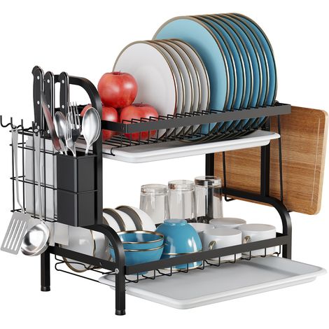 Égouttoir Vaisselle Cuisine 2 Niveaux avec Plateau Égouttoir et Porte-Couverts, Organisateur Assiettes Bols, Noir (1/4)