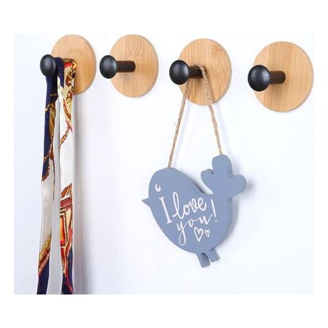 Lot de 4 crochets auto-adhésifs (noirs), crochets en bambou réutilisables sans couture, crochets adhésifs très résistants, crochets pour chambre, cuisine, salle de bain. (1/5)
