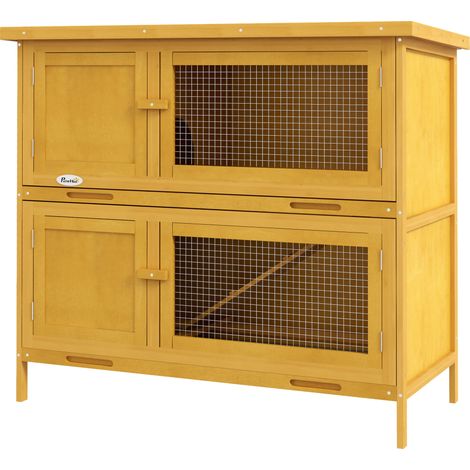 PawHut Conigliera da Esterno a 2 Livelli in Legno con Rampa e 4 Porte Giallo