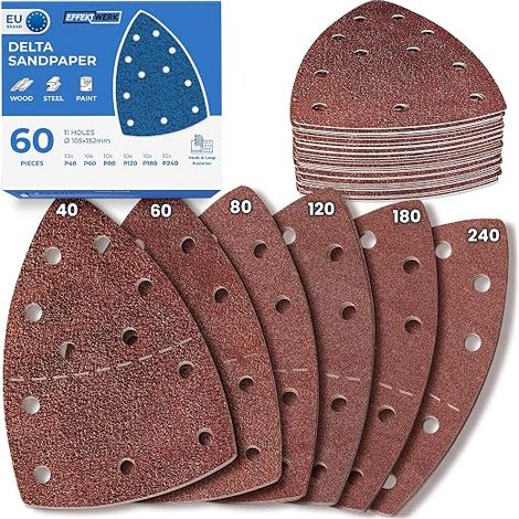 Delta Sandpaper - 11 Holes - Triangular Sanding Pads 105 x 152 mm for Triangular Sanding Machines - (40, 60, 80, 120, 180, 240) (1/5)