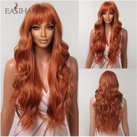 Perruque synthétique ondulée EASIHAIR, couleur cuivrée gingembre, rouge-brun, avec frange, cheveux longs et naturels, idéale pour les femmes au quotidien et les fêtes. Fibre résistante à la chaleur.