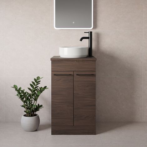 Napoli 390 Brown Oak 500mm 2 Door Vanity Unit for Countertop Basins - 500mm - Matt Black 160mm Handle