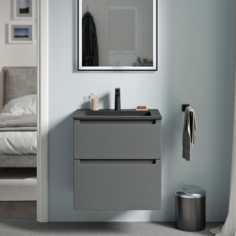Unterschrank Bernstein VIREO 60 cm mit Mineralguss Waschbecken BRUXELLES - Korpus Anthrazit matt, Waschbecken Schwarz matt mit Hahnloch