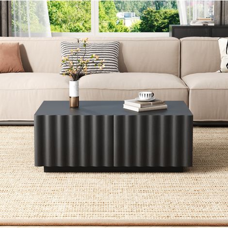 Mesa de centro de MDF y tablero de partículas 100 x 50 x 40 cm negra con 2 cajones y frente ondulado (1/5)
