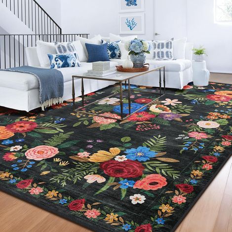 Tapis Lavable Machine Salon 120x180cm Antidérapant Sol Style Boho Poil Bas Doux Vintage Floral Motif Chambre Cuisine Entrée Salle Détente Dessous Lit Dortoir Décoration Maison (1/5)
