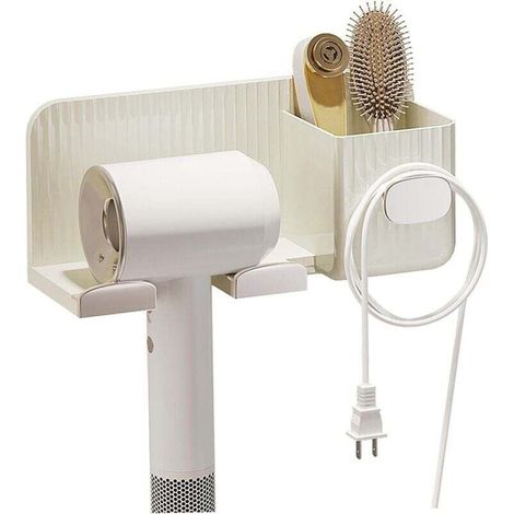 Hair dryer holder, self-adhesive wall-mounted hair tool holder with cable hook and storage boxes, multifunctional hair dryer holder for bathroom accessories, by DEBU (1/4)