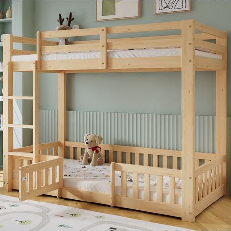 Lit superposé 90x200 cm enfant en bois marron avec rangements intégrés et échelle sécurisée (1/5)