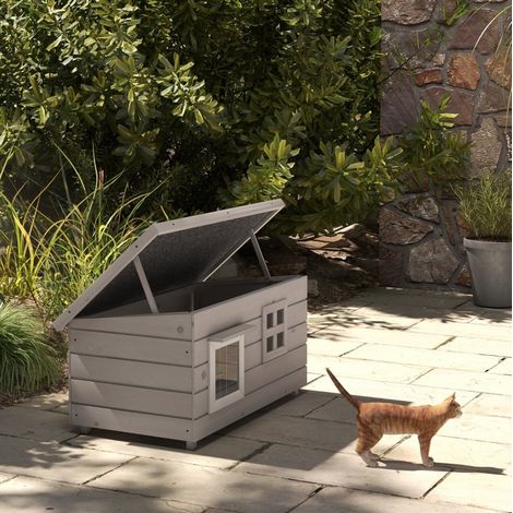 Cuccia per gatto in legno grigio e bianco 87 x 52 x 44 cm con tetto apribile DESVIAE (1/5)