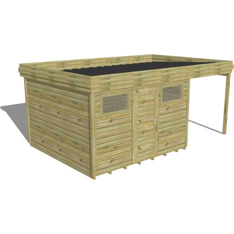 ABRI DE JARDIN bois Pin autoclave 27mm - 5,44x3,44m / 18,7m2 - Bac acier - Plancher bois (1/5)