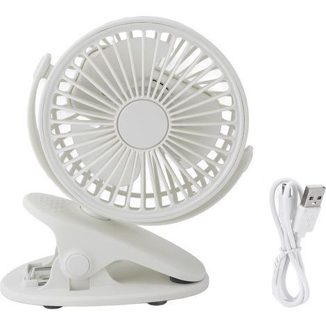 Ortviai Ventilateur clipable 360° rotatif, 3 vitesses, silencieux, USB rechargeable, portable pour bureau/camping – Blanc