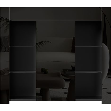 Aparador con 1 Puerta y Estantes de Vidrio, Frontal Brillante, Estilo Moderno, en Tablero de Partículas, 95×35×83 cm, Negro (1/5)