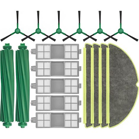 Ce kit d'accessoires pour aspirateur robot iRobot 205 comprend 2 brosses rotatives, 6 brosses latérales, 5 filtres et 4 chiffons de nettoyage. (1/5)