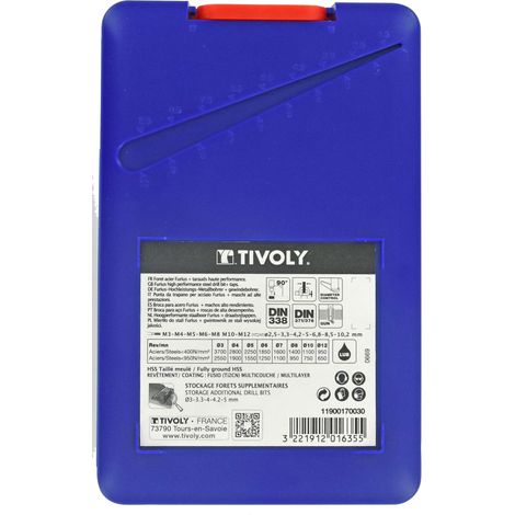 Tivoly • PRO Box 14 Pezzi • 7 maschi a macchina HSS da M3 a M12 • 7 punte per metallo HSS da Ø2.5mm a Ø10.2mm • Lunga durata • Prodotto in Francia • Per la lavorazione di acciai resistenti