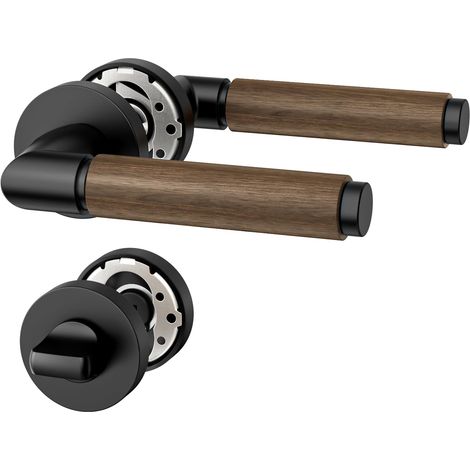 Ensemble de poignées de porte noires en bois couleur noyer en aluminium – Ferrure de porte WC pour portes d'entrée d'appartement, poignée de porte, garniture de poignée UK0097 (1/5)