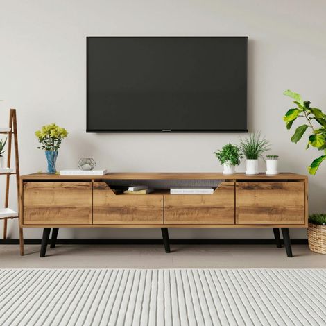 Long meuble TV 4 portes effet noyer pieds noirs 180 cm MARFA