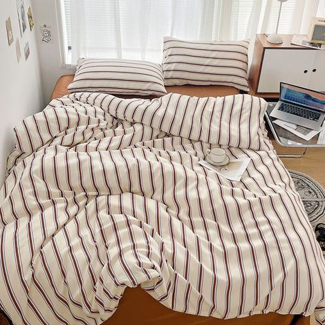 Ensemble de Housse de Couette, Rayures Housse de Couette 200x230 avec Drap 230 × 235 cm et 2 Taies d'oreiller 48x74 cm,brun (1/3)
