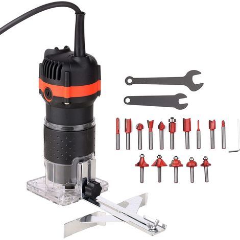Applicable Défonceuse à bois, 800 W 30000 tr/min, avec 15 fraises, défonceuse à bois avec pince de serrage 6,35 mm, fond transparent avec défonceuse d'aide au guidage (1/5)