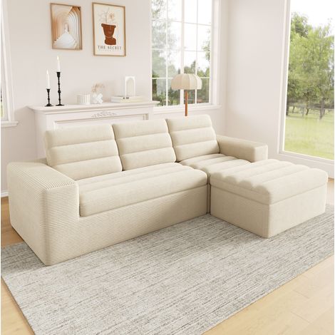 Modulares Ecksofa 253x161x89 cm Beige Cord mit Hocker und rahmenlosem Design (1/5)