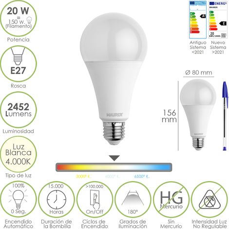 Ampoule LED Standard à vis E27. 20 Watts. Équivaut à 150 Watts. 2452 Lumens. Lumière neutre (4000 K).