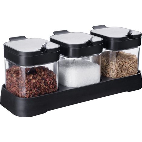 Ensemble de 3 pots à épices en verre, boîte de rangement pour épices de cuisine, avec couvercle, cuillère et support pour la cuisine et la table. (1/5)