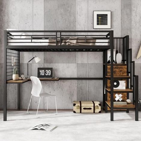 Lit mezzanine enfant - KOMHTOM - 90x200 - Bureau intégré - Armoire - Métal noir (1/5)