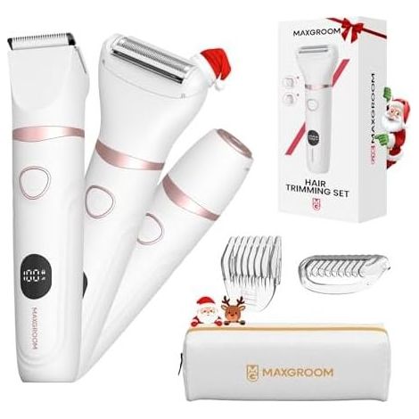 Elektrischer Damenrasierer, 3-in-1-Nass-/Trockenrasierer, Intimrasierer mit LED-Anzeige, Keramikklinge und 4 Kammaufsätzen, Haarentferner für Gesicht, Bikinizone, Achseln und Beine, Weiß (1/5)