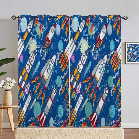 Rideau Occultant Espace Planète Fusée Tenture Opaque à Oeillets Draperies Intérieurs Rideau Thermique Isolant pour Maison Chambre Salon Fenetre 2 Pièces L 140 x H 280 cm - 140L X 280H cm (2 Panneaux) (1/5)