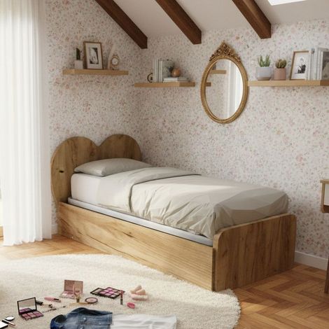 Letto singolo a cuore "Cupidor" con secondo letto estraibile - Quercia