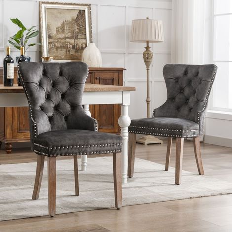 Chaise de salle à manger lot de 2 gris velours capitonné pieds bois massif clous décoratifs avec poignée dossier style élégant (1/5)