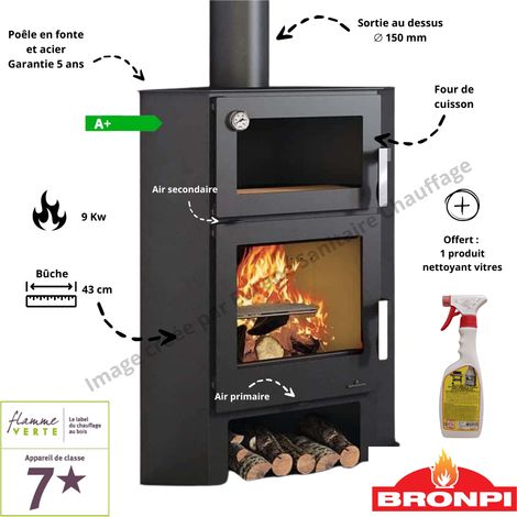 Bronpi – Poêle à bois d'angle 9 kW – Système double combustion – Évacuation fumées 150 mm – Certifié Flamme Verte 7 étoiles (1/5)