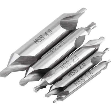 Lot de 5 forets à centrer 60° HSS – Acier haute vitesse – Tailles 1.5/2/2.5/3/4mm – Pour perage précis et évacuation des copeaux (1/5)